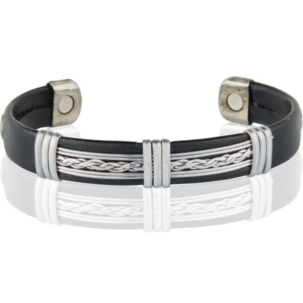 Silver Tone Design Leatherette Copper Magnetic Bracelet Cuff Bangle
